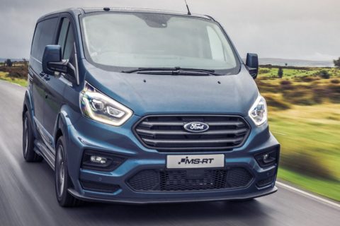 blue ford transit custom ms-rt driving in rain