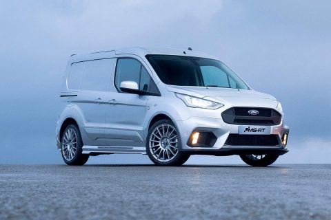 Silver MS-RT Ford Transit Connect for sale staged against an overcast sky.