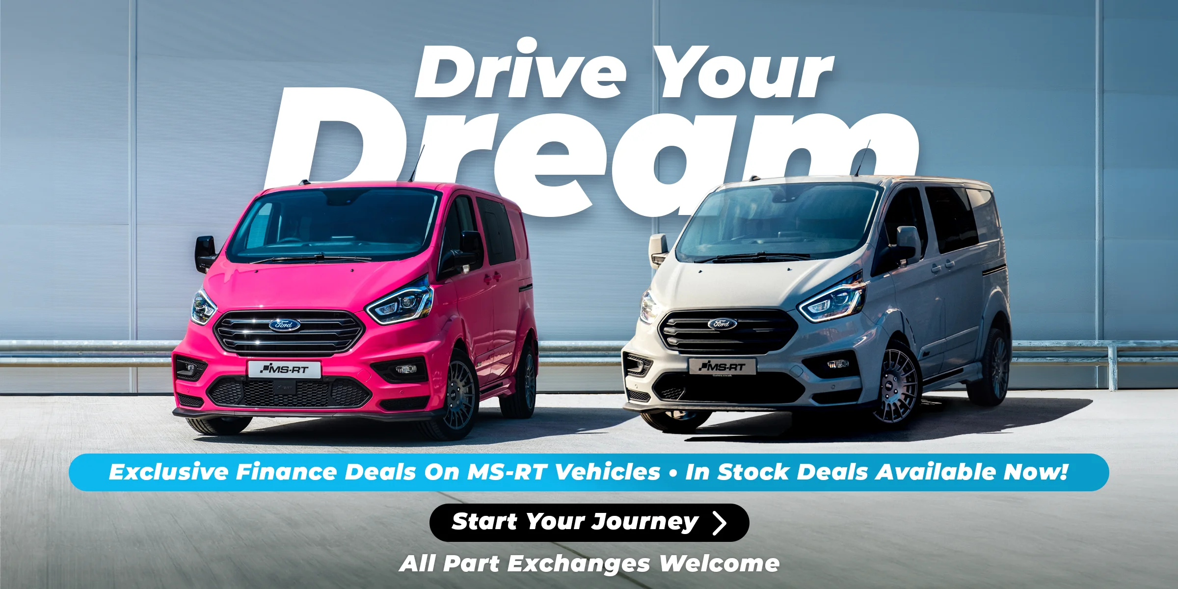 A pink and a grey MSRT van with MS-RT leasing text saying drive your dream.